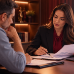 Bancário conversando com advogada em escritório. ela manuseia papéis esclarecendo questões sobre o GERA.