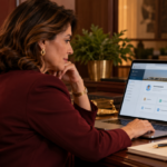 Mulher de meia idade, em seu escritório , verificando o site GOV.br considerando os níveis de segurança .