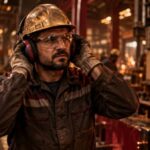 Ruído em metalúrgica - Operário com fones de ouvido em meio à fábrica.