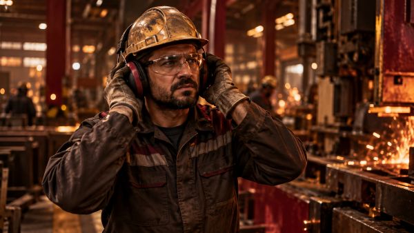 Ruído em metalúrgica - Operário com fones de ouvido em meio à fábrica.