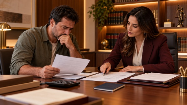 Trabalhador analisando verbas rescisórias junto à advogada. Conceito da multa de 40% do FGTS
